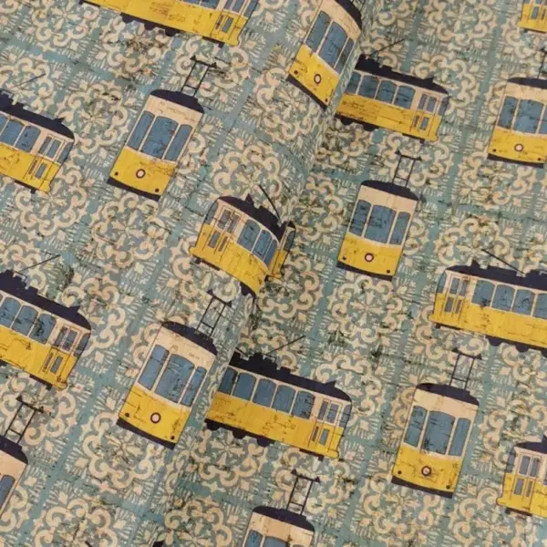 This is a electric train printed pattern on cork fabric