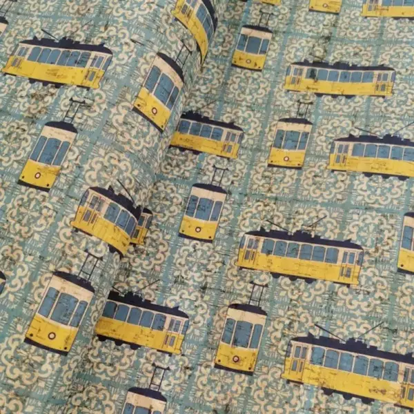 This is a electric train printed pattern on cork fabric