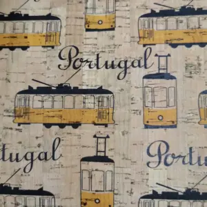 This is a electric train printed pattern on cork fabric