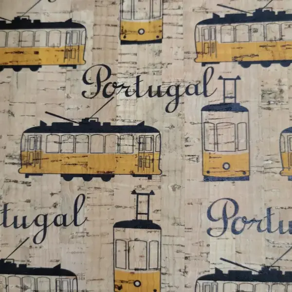 This is a electric train printed pattern on cork fabric