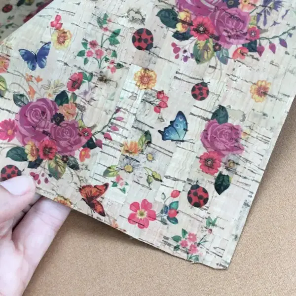 This is a flowers printed pattern on cork fabric