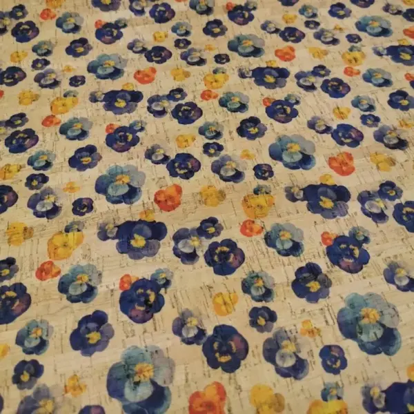 This is a flowers printed pattern on cork fabric