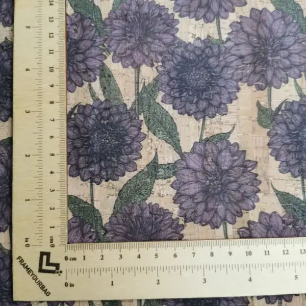 This is a dahlia printed pattern on cork fabric