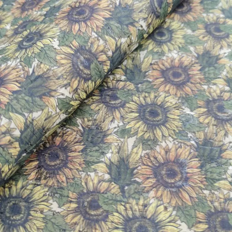 This is a sunflower printed pattern on cork fabric