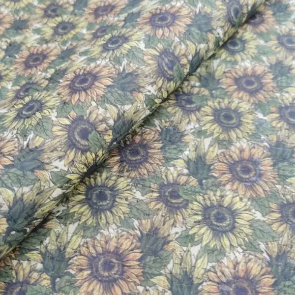 This is a sunflower printed pattern on cork fabric