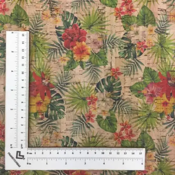 This is a tropical flowers printed pattern on cork fabric