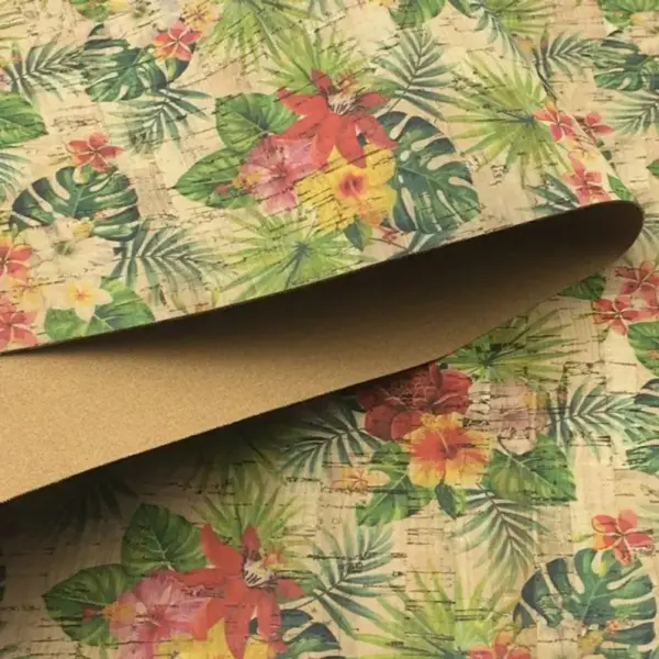 This is a tropical flowers printed pattern on cork fabric