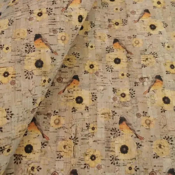 This is a birds printed pattern on cork fabric