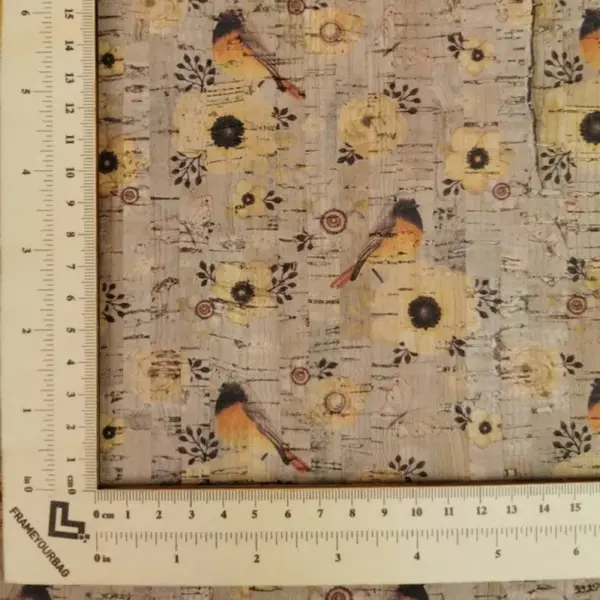 This is a birds printed pattern on cork fabric