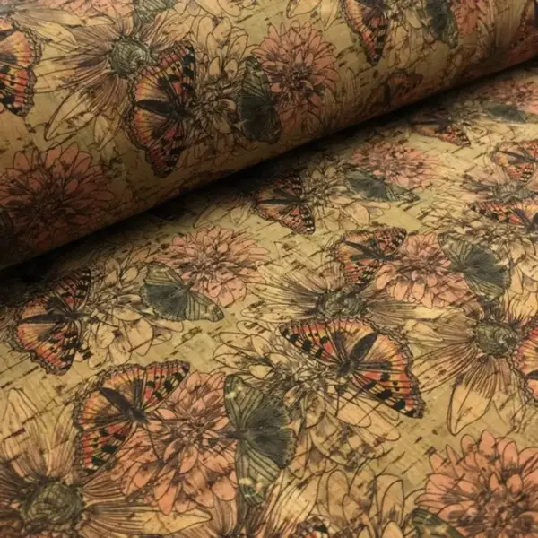 This is a butterflies printed pattern on cork fabric