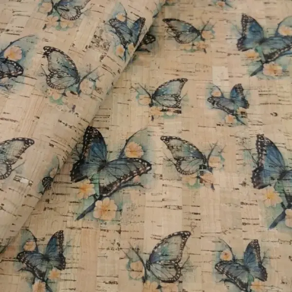 This is a butterflies printed pattern on cork fabric