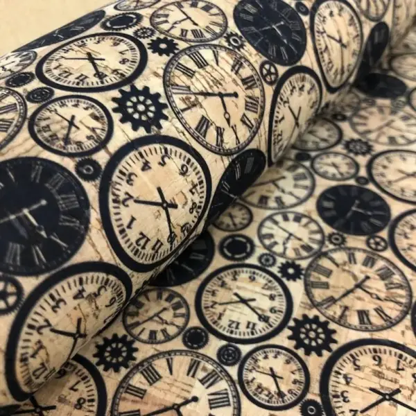 This is a clocks printed pattern on cork fabric