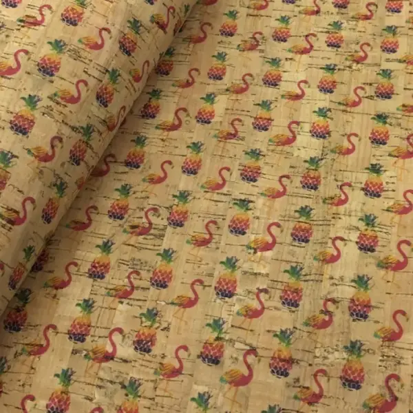 This is a flamingo printed pattern on cork fabric