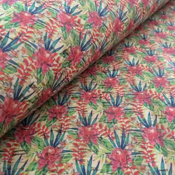 This is a flowers printed pattern on cork fabric