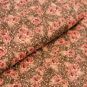 This is a leopard flowers printed pattern on cork fabric