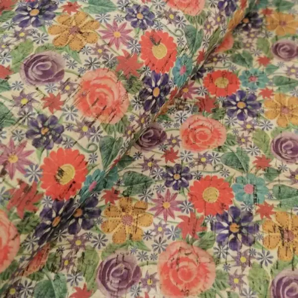 This is a flowers printed pattern on cork fabric