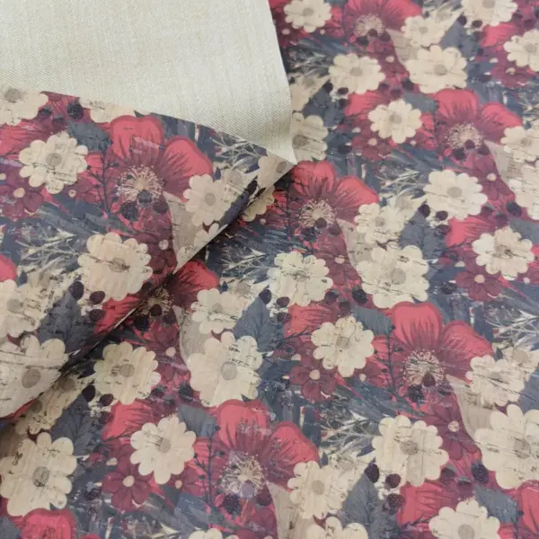 This is a flowers printed pattern on cork fabric