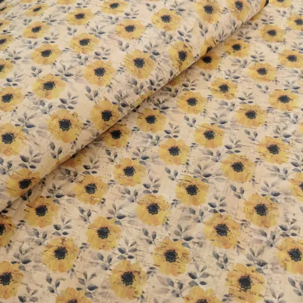 This is a flowers printed pattern on cork fabric