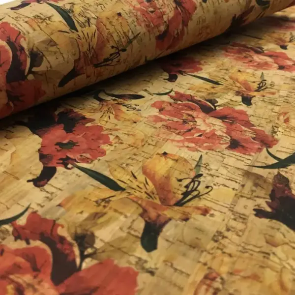 This is a flowers printed pattern on cork fabric