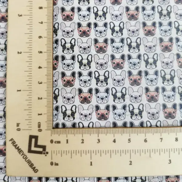 This is a frenchies printed pattern on cork fabric