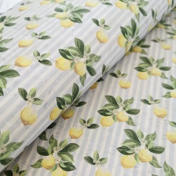 This is a lemons printed pattern on cork fabric