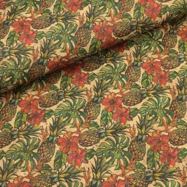 This is a pineapples printed pattern on cork fabric