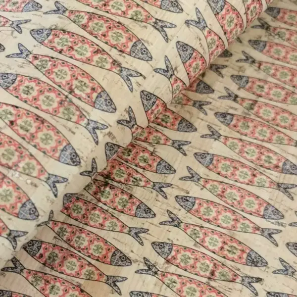 This is a sardines printed pattern on cork fabric