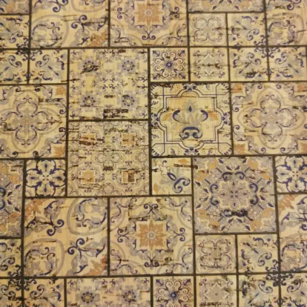 This is a tiles printed pattern on cork fabric