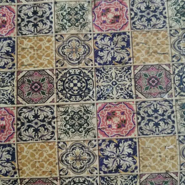 This is a tiles printed pattern on cork fabric