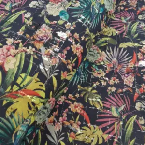 This is a tropical flowers printed pattern on cork fabric