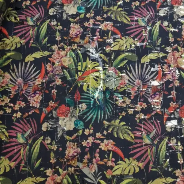 This is a tropical flowers printed pattern on cork fabric