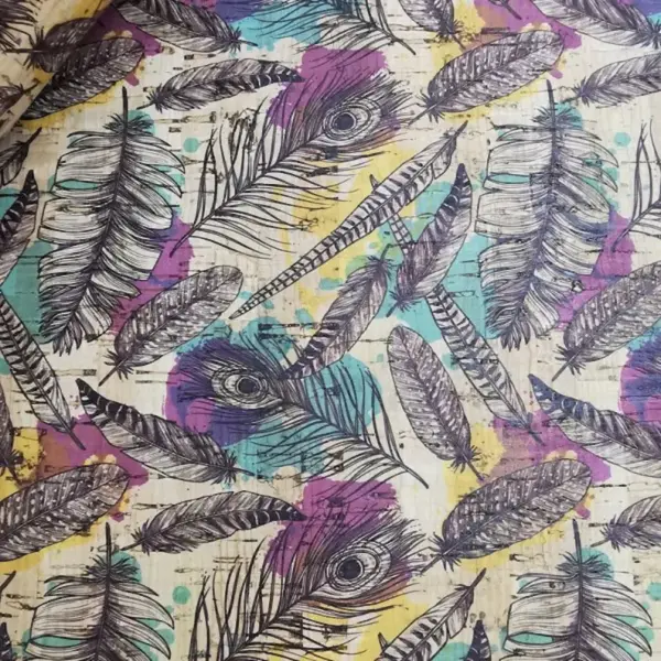 This is a feathers printed pattern on cork fabric