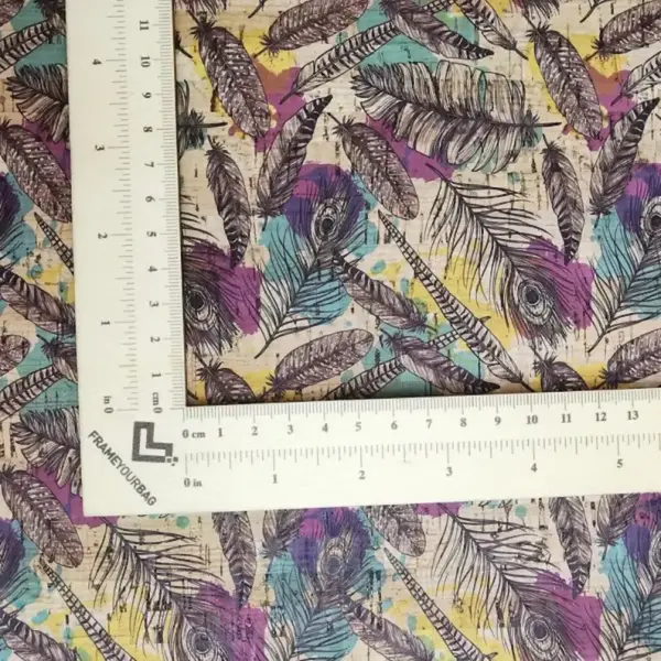 This is a feathers printed pattern on cork fabric