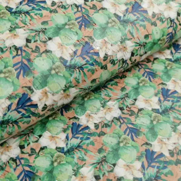 This is a flowers printed pattern on cork fabric