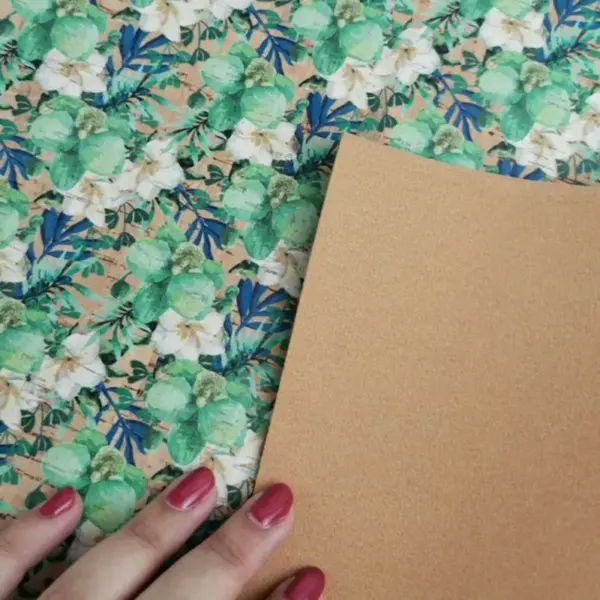 This is a flowers printed pattern on cork fabric