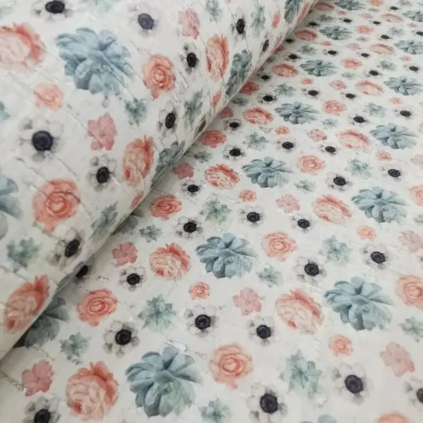 This is a flowers printed pattern on cork fabric