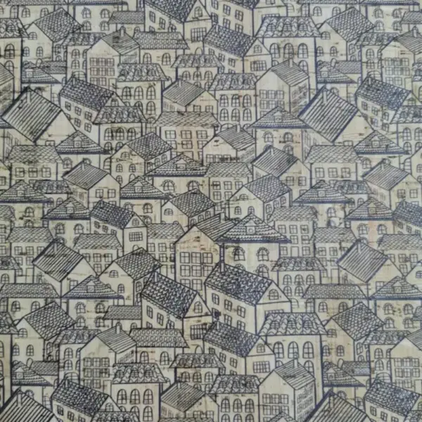 This is a houses printed pattern on cork fabric