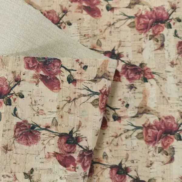 This is a flowers printed pattern on cork fabric