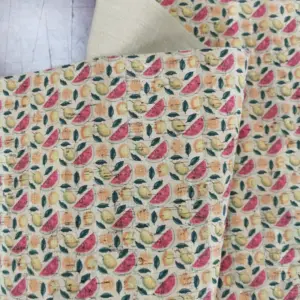 This is a fruits printed pattern on cork fabric