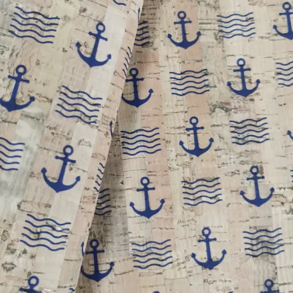 This is a navy printed pattern on cork fabric