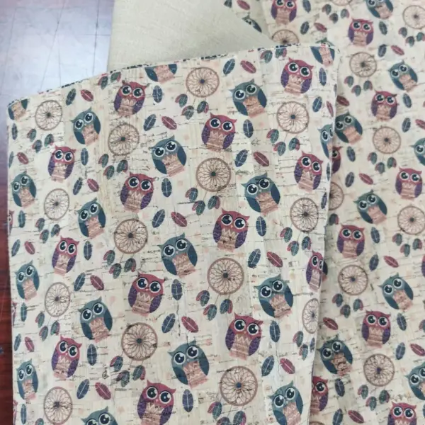 This is a owl printed pattern on cork fabric