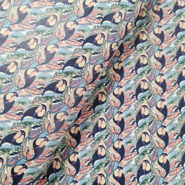 This is a parrots printed pattern on cork fabric