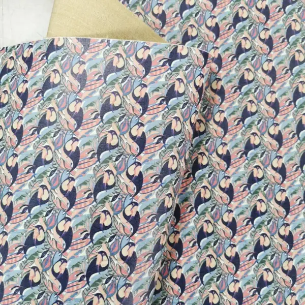 This is a parrots printed pattern on cork fabric